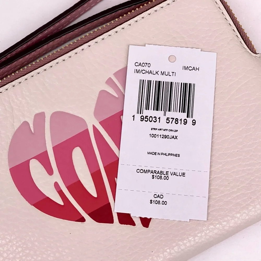 COACH Corner Zip Wristlet Wallet With Stripe Heart Motif